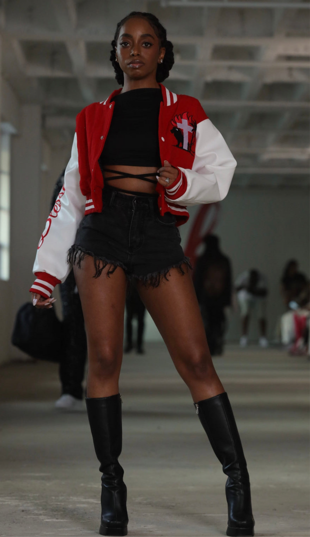 Cropped Red Letterman Jacket