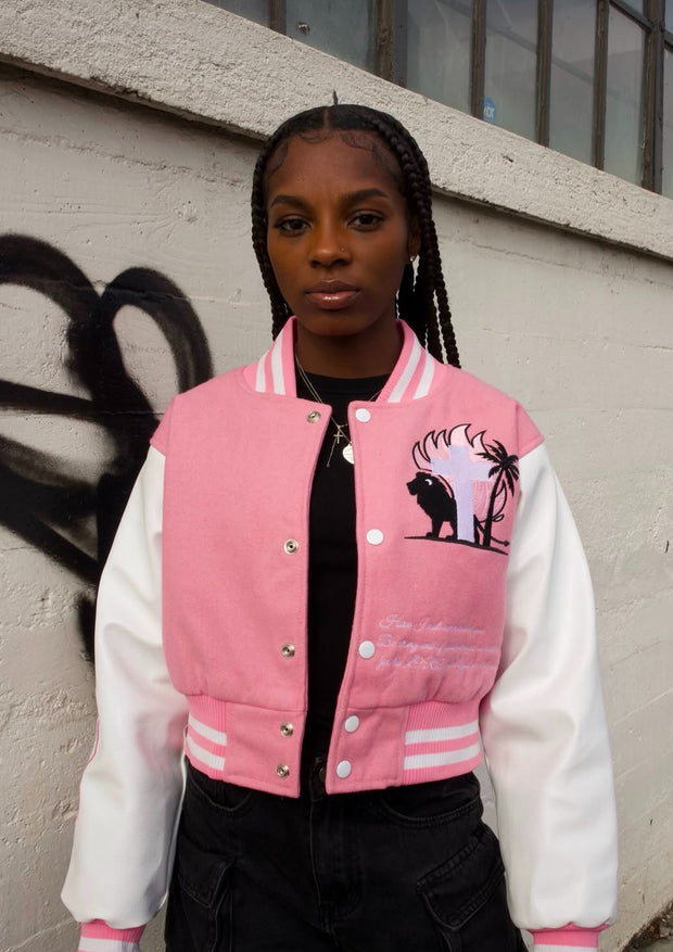 Cropped Pink Letterman Jacket